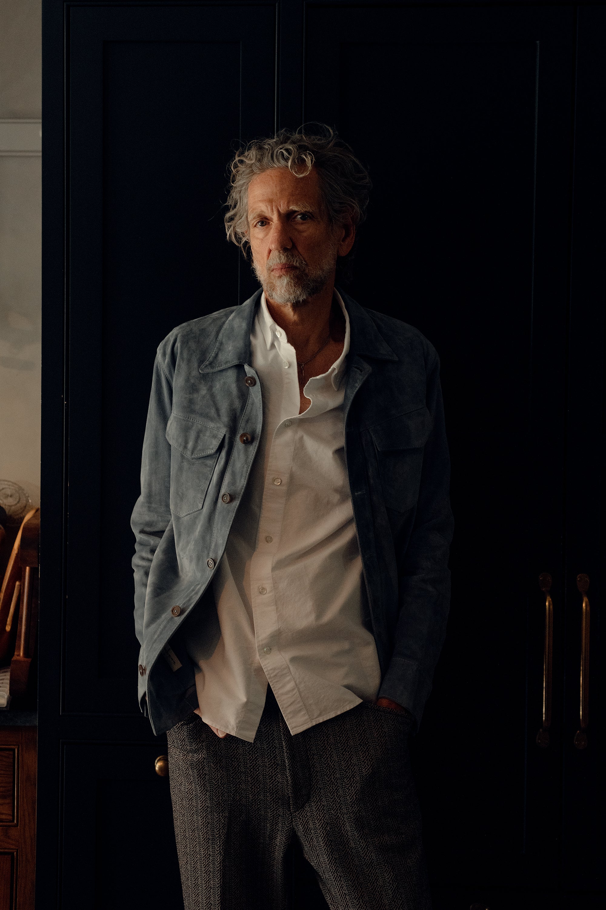 Savas Italian-made suede overshirt in Aster Blue — elegant men’s shirt jacket featuring unlined body and trapezoid chest pockets.