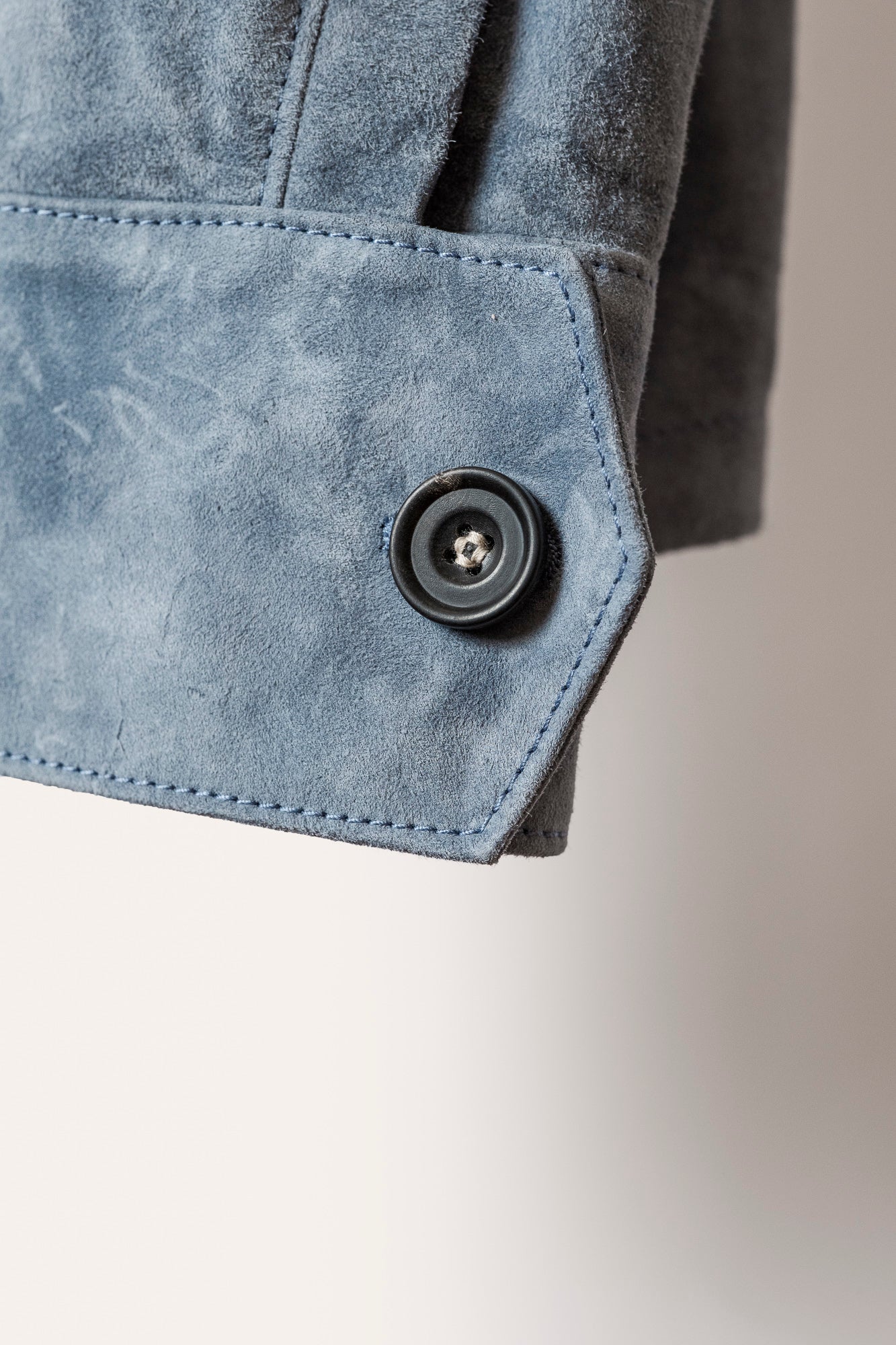 Savas Italian-made suede overshirt in Aster Blue — elegant men’s shirt jacket featuring unlined body and trapezoid chest pockets.