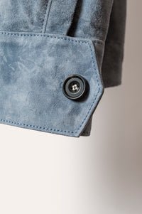 Savas Italian-made suede overshirt in Aster Blue — elegant men’s shirt jacket featuring unlined body and trapezoid chest pockets.
