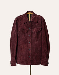 Luxury Italian calf suede overshirt in deep burgundy by Savas — handmade in Tuscany with horn buttons and signature pockets.