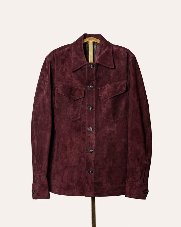 Luxury Italian calf suede overshirt in deep burgundy by Savas — handmade in Tuscany with horn buttons and signature pockets.