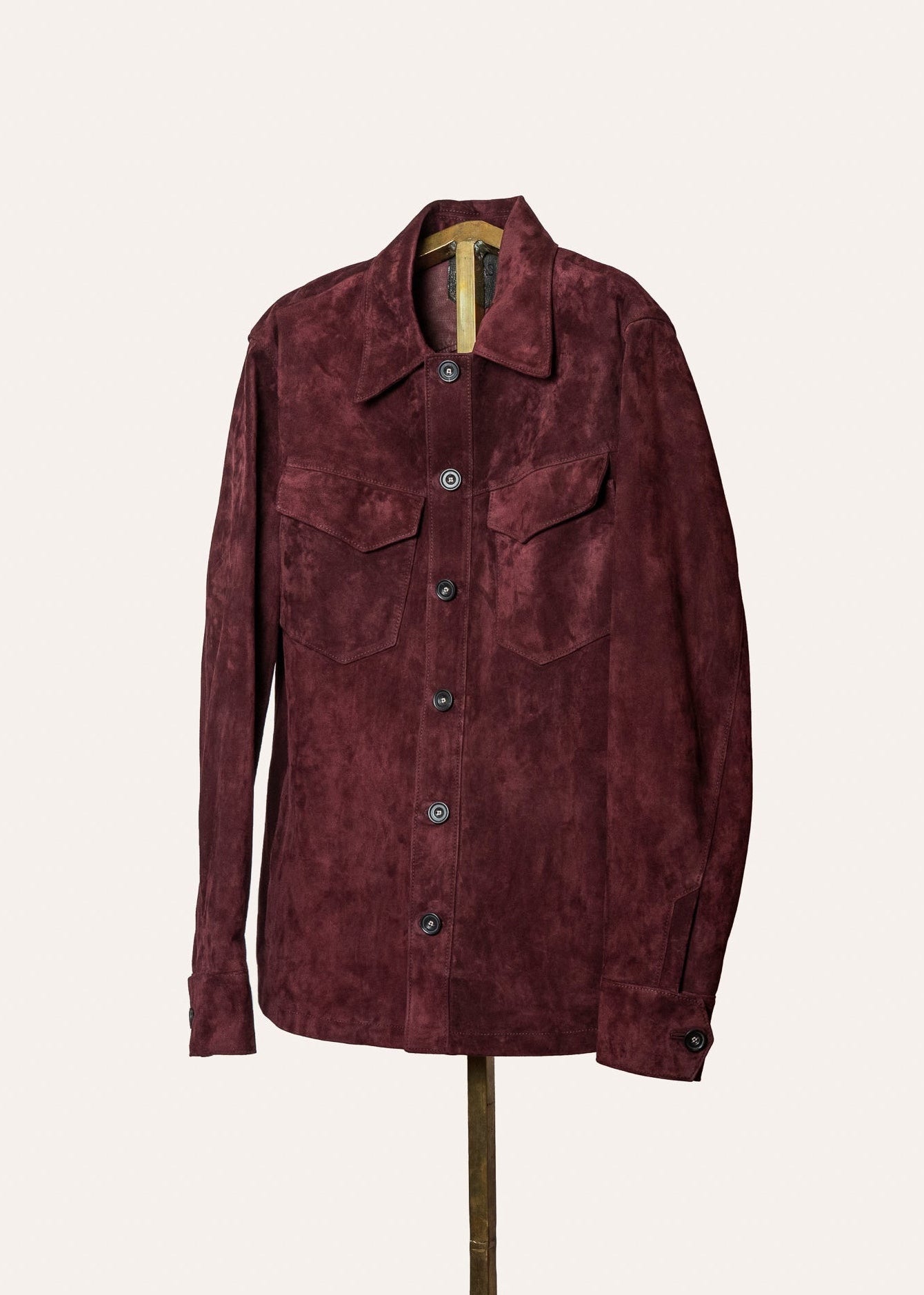 Handcrafted Italian suede jacket for men — Savas Roving in Eggplant, refined overshirt in rich purple suede with signature brass rivets.