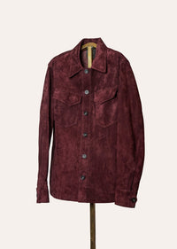 Handcrafted Italian suede jacket for men — Savas Roving in Eggplant, refined overshirt in rich purple suede with signature brass rivets.