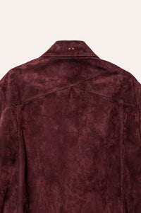 Savas Italian-made suede overshirt in Eggplant — sophisticated men’s shirt jacket with unlined body, lined sleeves, and artisan detailing.