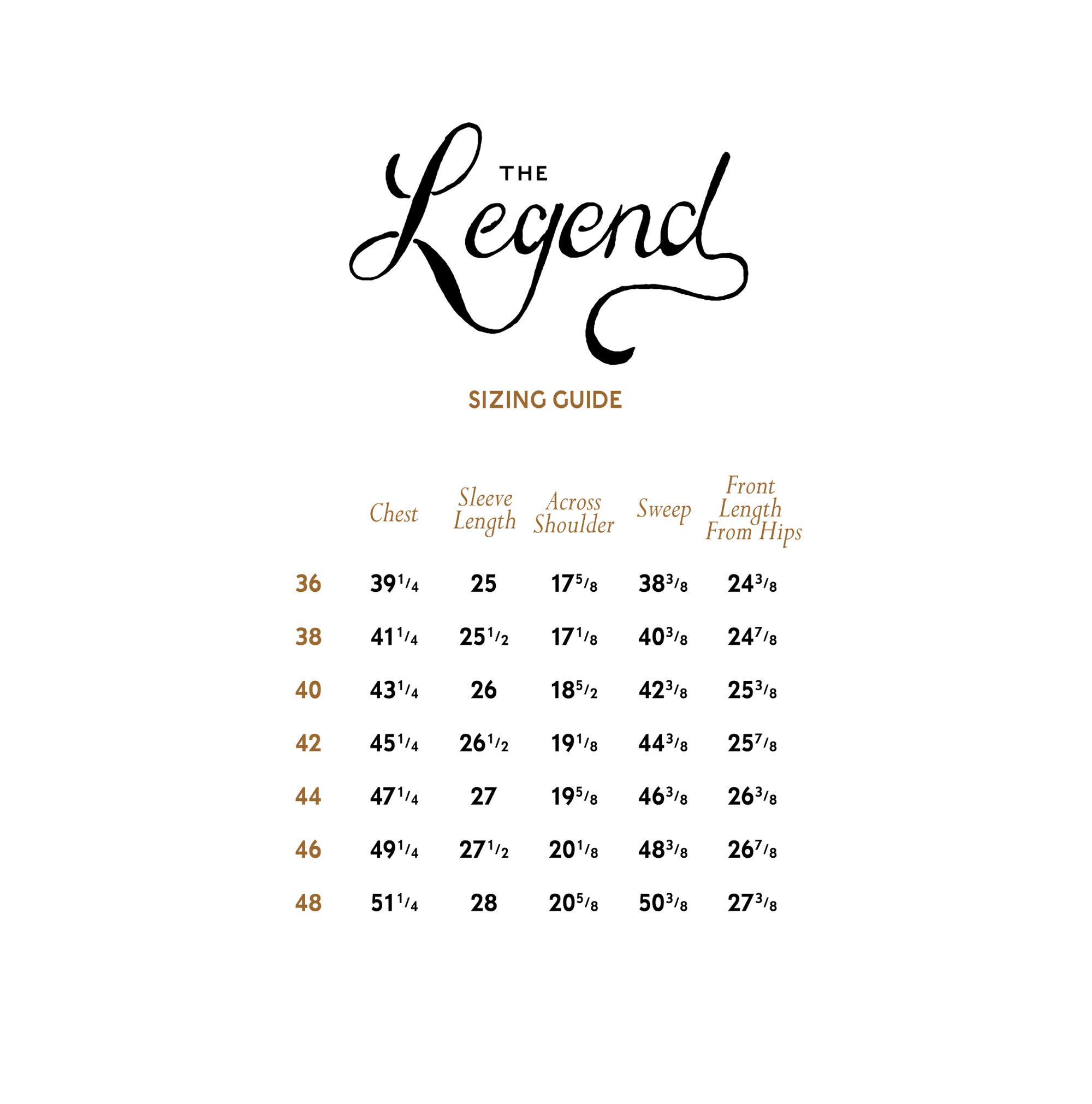 Sizing guide for 'The Legend' brand with measurements in inches.
