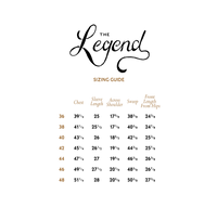 Sizing guide for 'The Legend' brand with measurements in inches.
