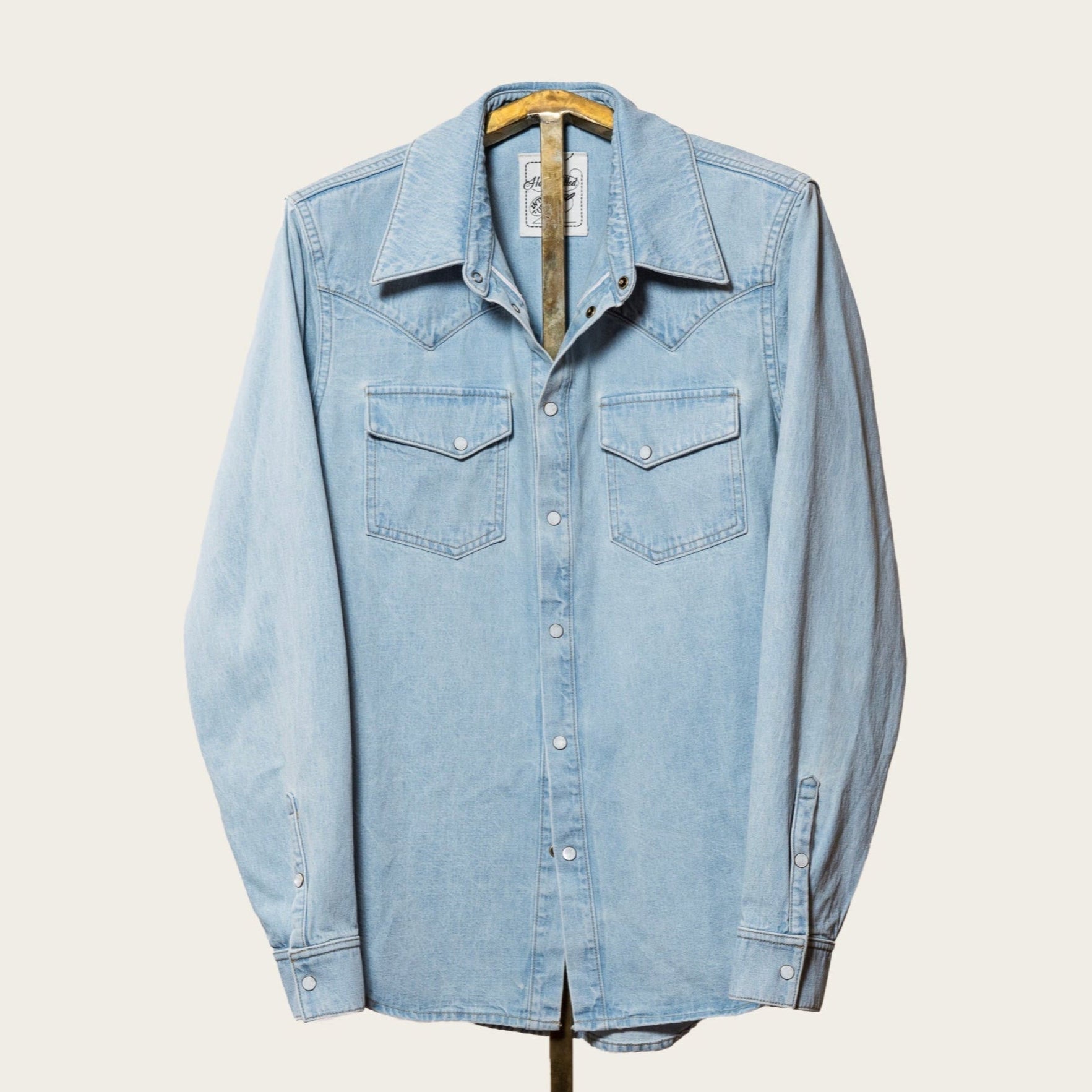 Stone washed selvedge denim shirt in pure indigo cotton