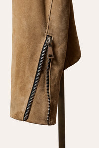 Brown suede jacket with zipper details on front and sleeves