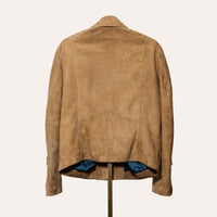 Classic Brown Suede Zip-Up Jacket. Lightweight calf suede jacket with a soft, malleable texture, tailored for comfort and durability.