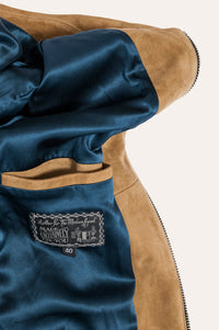 Luxury brown suede jacket with zipper accents and tailored fit