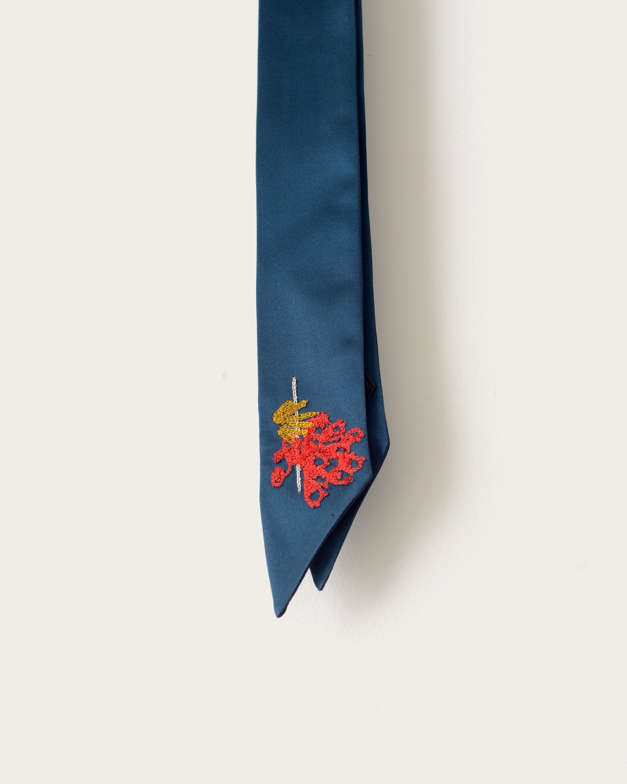 Embroidered Silk Scarf -  Indigo Cactus(Skinny)