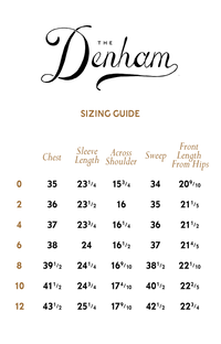 Denham sizing guide chart on a white background