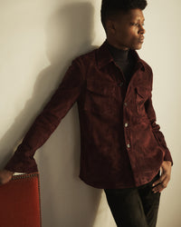 Handmade Italian suede overshirt in Eggplant Wedgewood by Savas — elegant men’s three-season jacket with signature box-stitch button detail.
