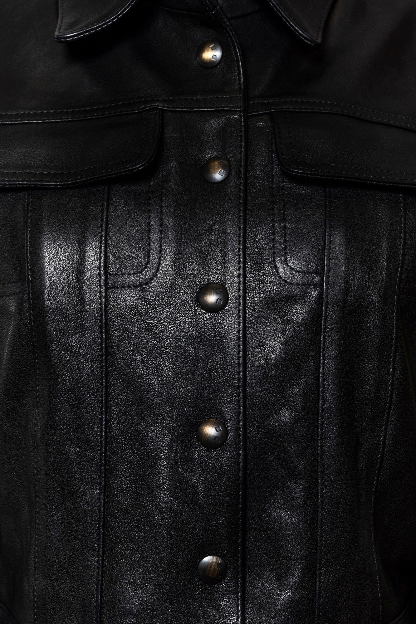 Close-up of a black leather jacket with buttons