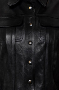 Close-up of a black leather jacket with buttons
