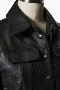 Black leather jacket on a mannequin with a close-up view of buttons and collar.