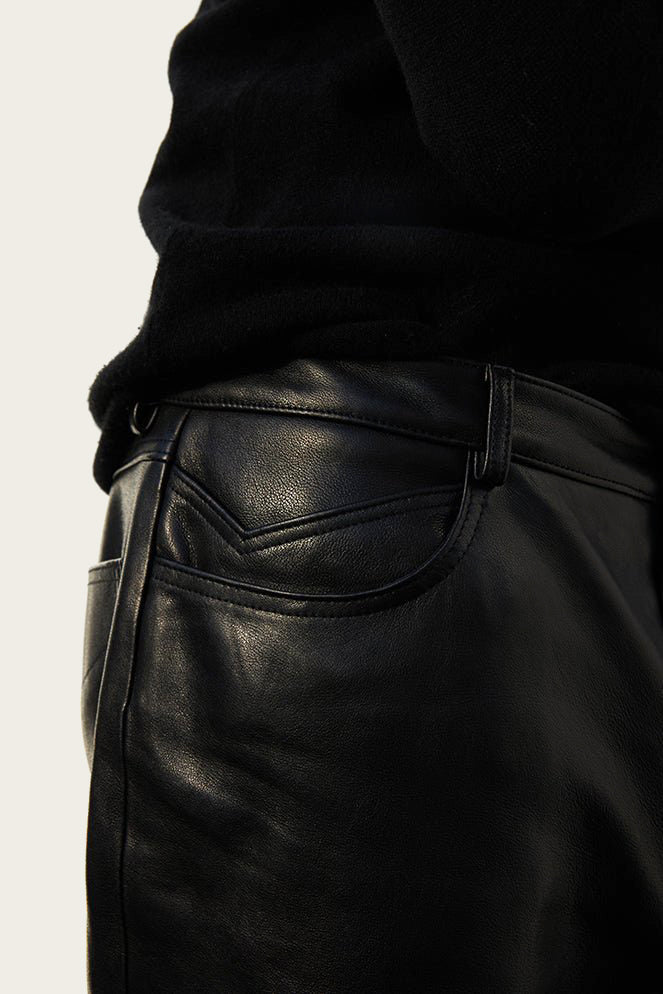 artisan made leather pant for men and women with high waist and straight leg by luxury rock and roll designer atelier savas in nashville tennessee