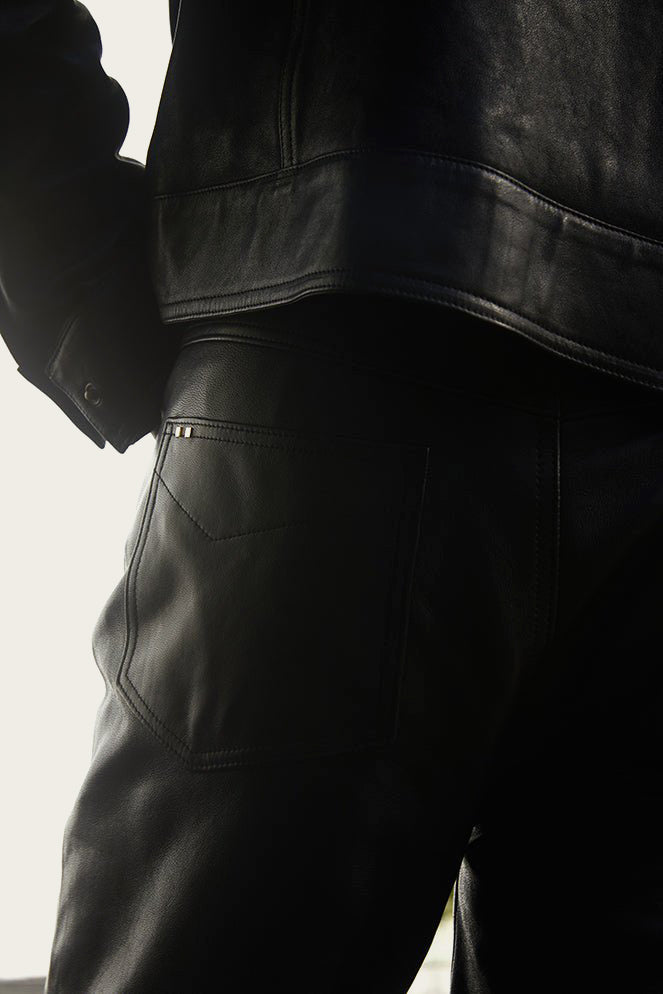 mens black leather pant styled with black biker jacket for atelier savas mens gift guide