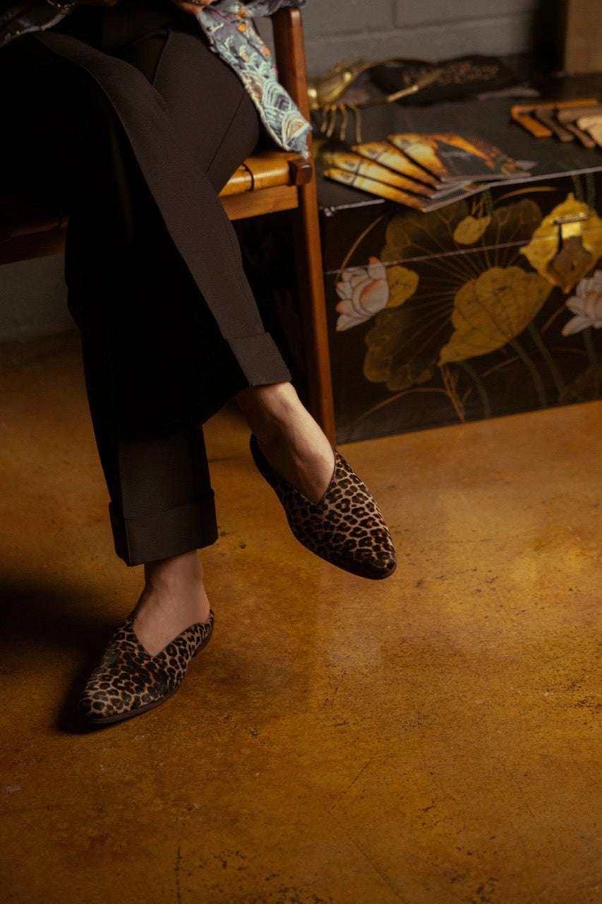 luxury womens slipper in calf hair cheetah print styled by atelier savas in nashville tennessee