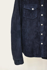 suede workshirt for men and women in navy with custom artisan-made snaps by atelier savas in nashville tennessee