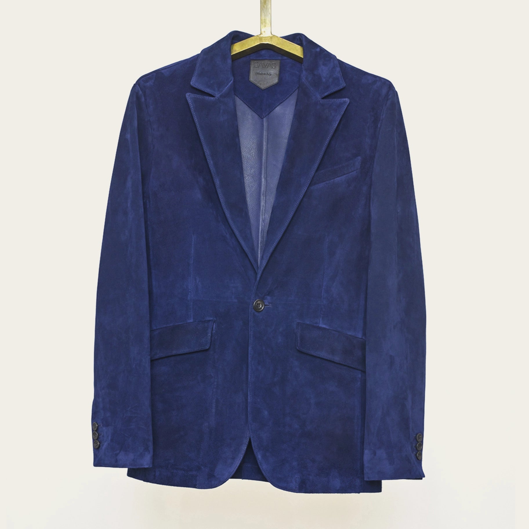 luxury suede menswear jacket in blue from savas atelier in nashville Tennessee