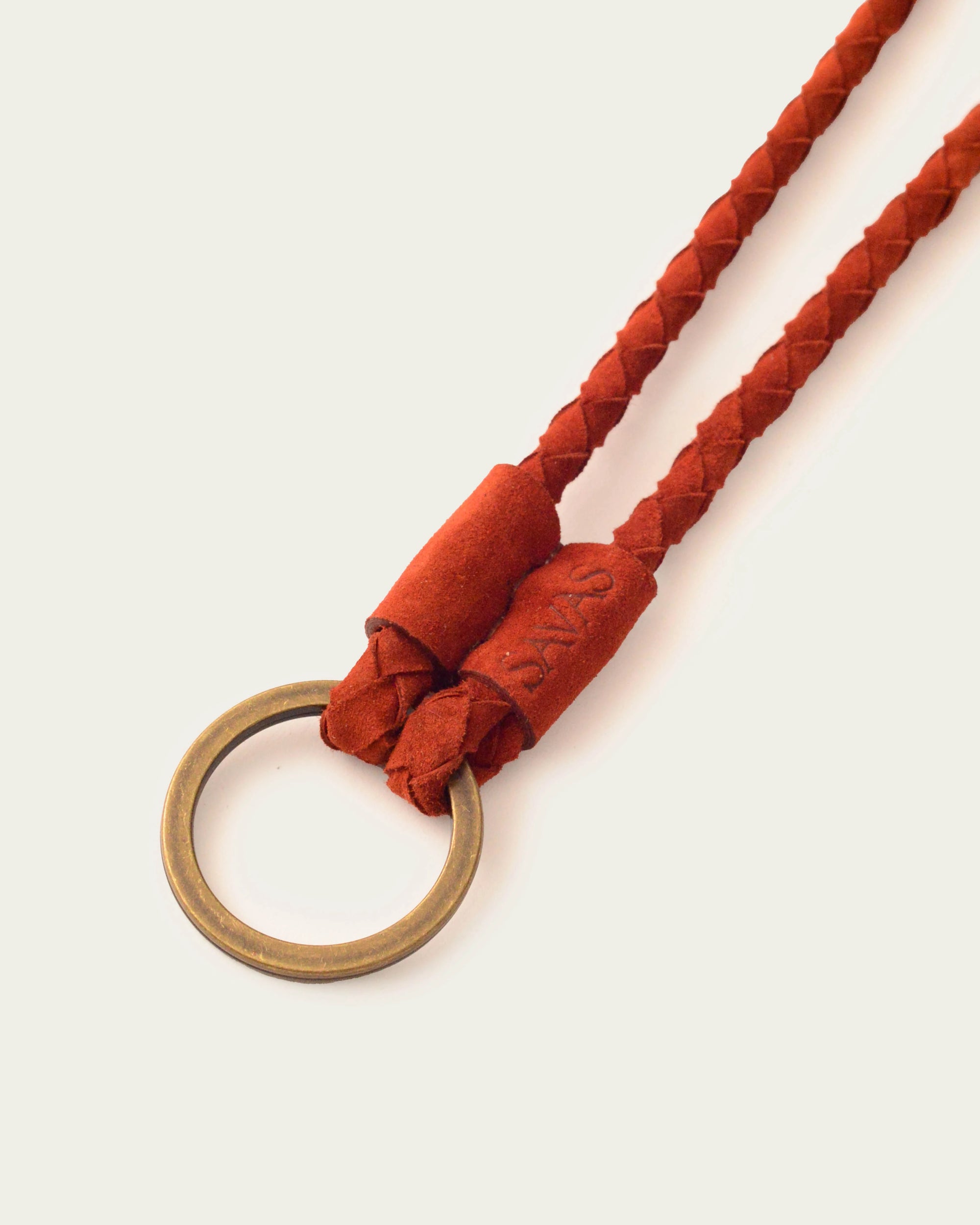 artisan-made red suede leather keychain with gold custom keyring by atelier savas in nashville tennessee