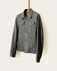 custom leather shirt jacket with metal snaps in grey by atelier savas in nashville tennessee