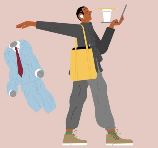 Illustration of a man holding a laptop and coffee, wearing streetwear, throwing away a suit and tie.