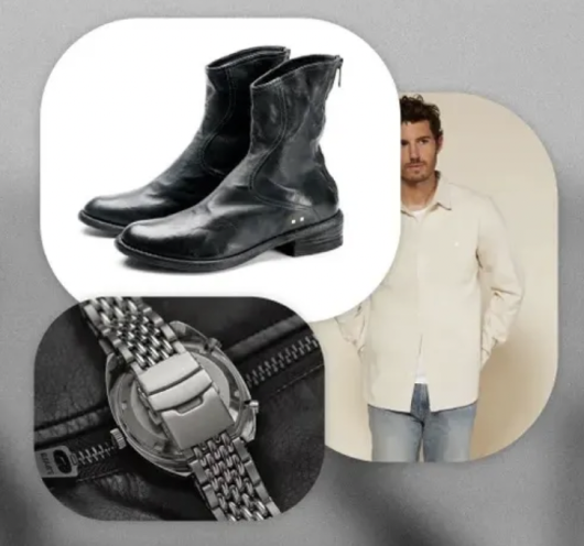  Collage of various luxury products, including Savas boots.