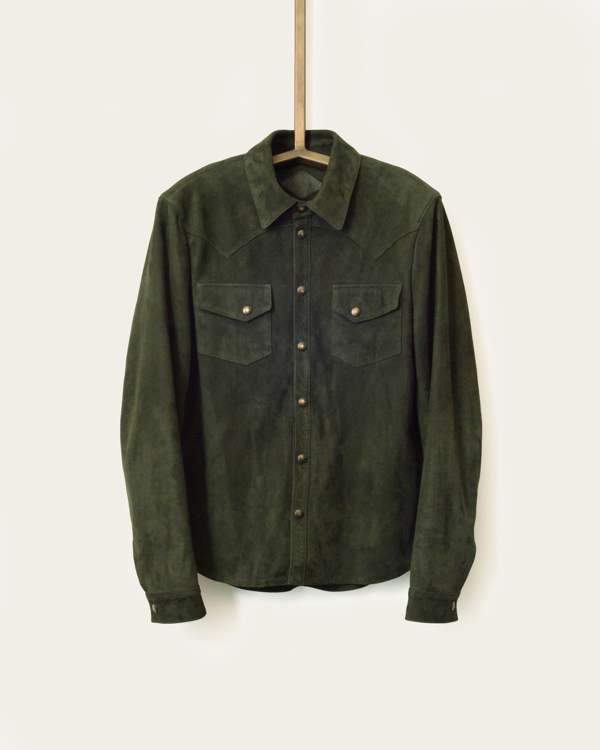 custom suede mens workshirt with patch pockets and custom brass by luxury designer savas in nashville tennessee