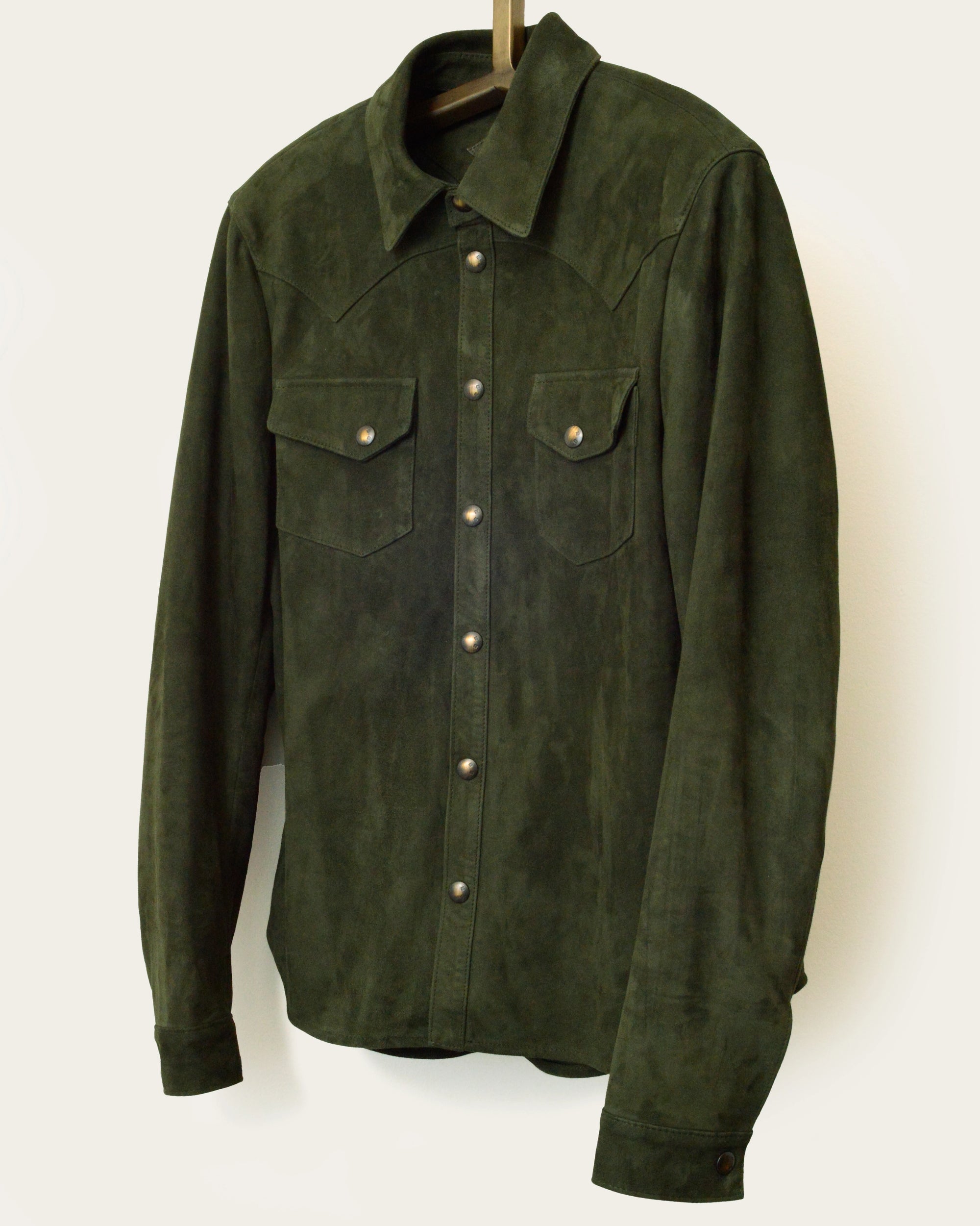 mens custom shirt jacket in green suede with patch pockets by luxury western wear designer savas in nashville tennessee