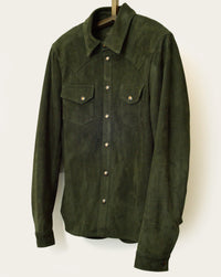 mens custom shirt jacket in green suede with patch pockets by luxury western wear designer savas in nashville tennessee