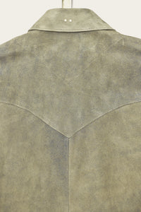 handmade details of mens genuine italian leather shirt jacket with snaps by luxury western wear designer savas in nashville tennessee