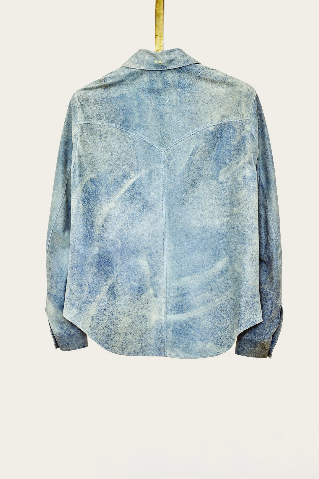 styled mens luxury shirt jacket in indigo blue genuine leather with handmade snaps by luxury menswear designer savas in nashville tennessee