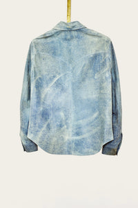 styled mens luxury shirt jacket in indigo blue genuine leather with handmade snaps by luxury menswear designer savas in nashville tennessee