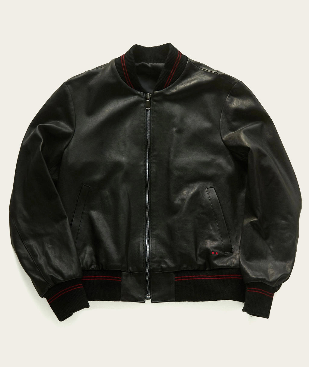 custom black leather bomber with embroidery for men and women by luxury menswear designer savas in nashville tennessee