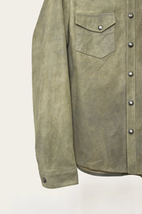 color details of mens genuine italian leather shirt jacket with snaps by luxury western wear designer savas in nashville tennessee