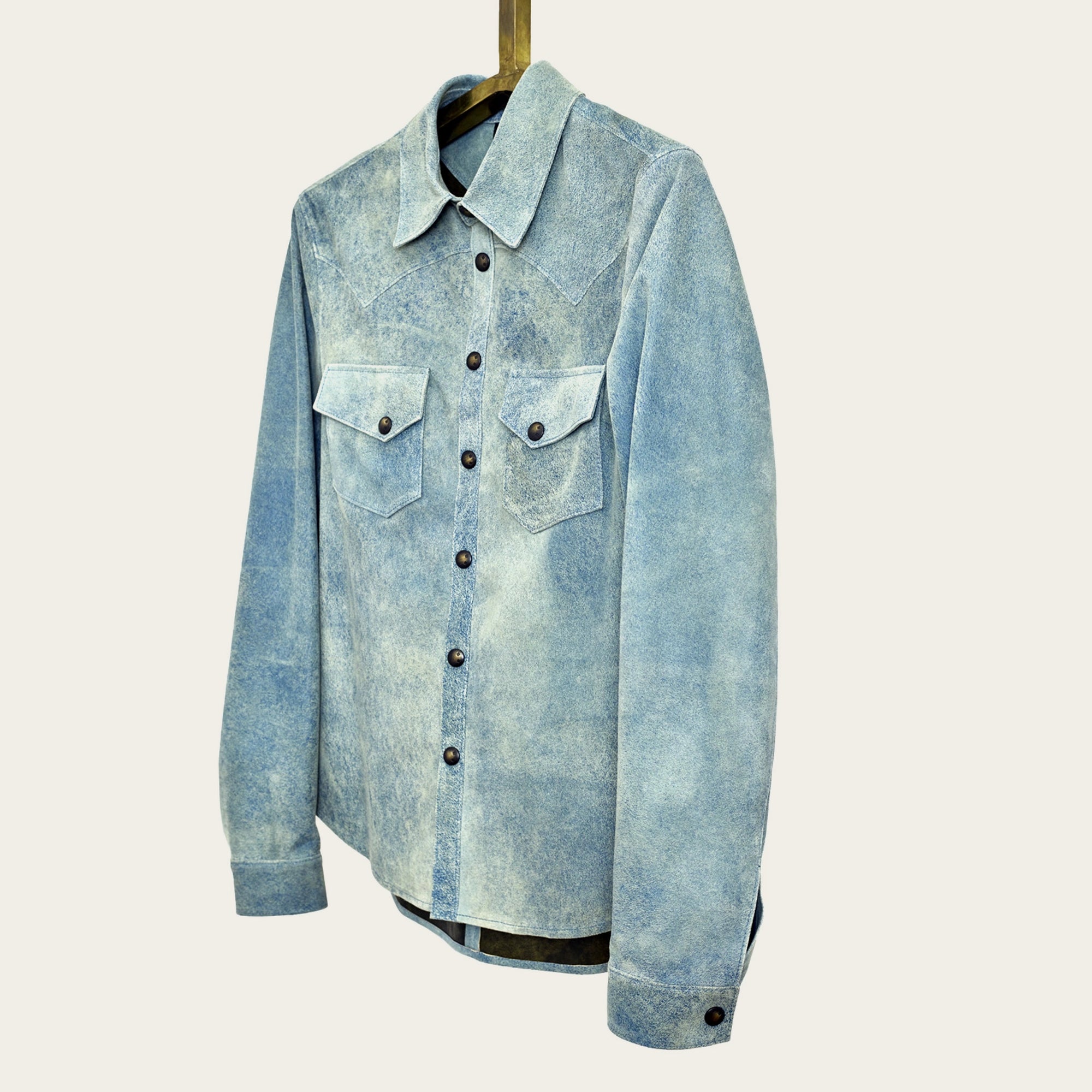 mens luxury shirt jacket in indigo blue genuine leather with handmade snaps by luxury menswear designer savas in nashville tennessee