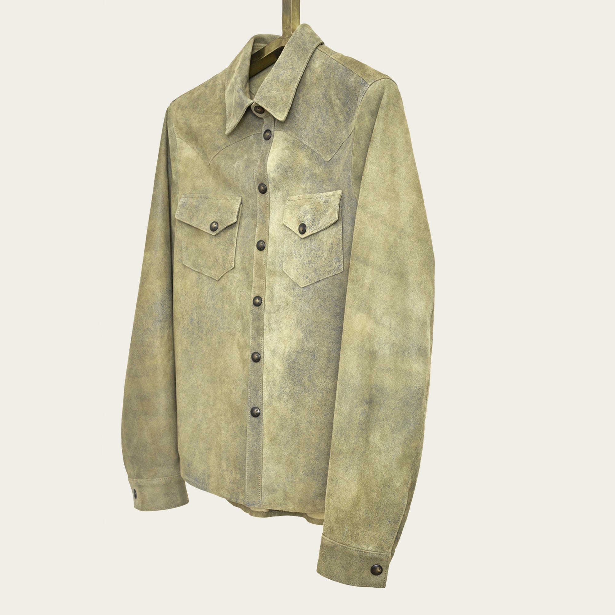 side shot of mens genuine italian leather shirt jacket with handmade metal snaps by luxury western wear designer savas in nashville tennessee