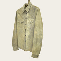 side shot of mens genuine italian leather shirt jacket with handmade metal snaps by luxury western wear designer savas in nashville tennessee