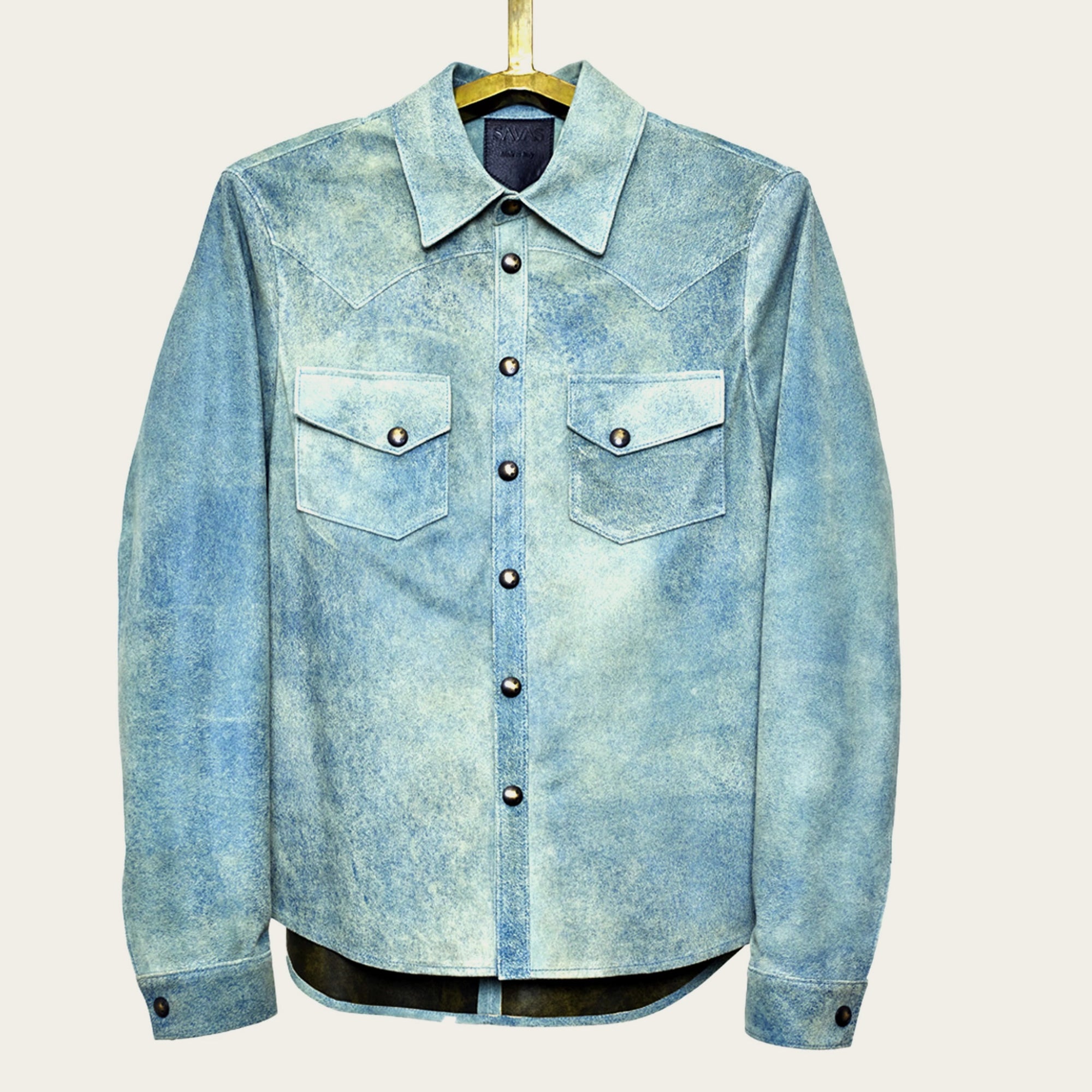 mens luxury shirt jacket in indigo blue genuine leather with handmade snaps by luxury menswear designer savas in nashville tennessee