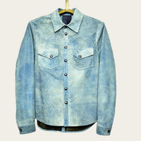 mens luxury shirt jacket in indigo blue genuine leather with handmade snaps by luxury menswear designer savas in nashville tennessee