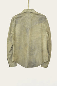 back yoke handmade detail of mens genuine italian leather shirt jacket with snaps by luxury western wear designer savas in nashville tennessee