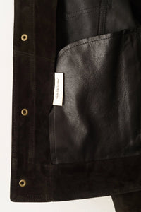 detail shot of unlined suede black shirt jacket artisan-made by savas in nashville tennessee