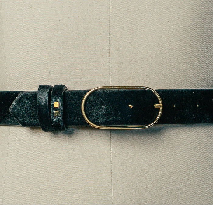 black genuine leather calf hair belt for men and women by atelier savas in nashville tennessee