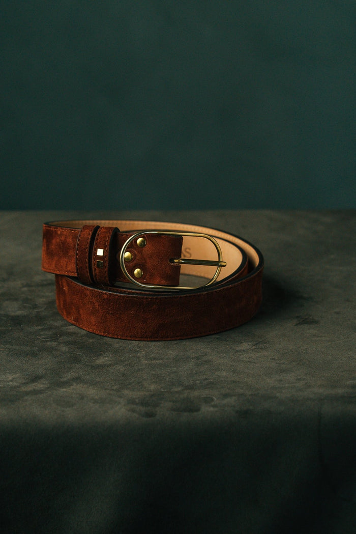 genuine leather belt in brown suede for men and women by luxury brand atelier savas in nashville tennessee
