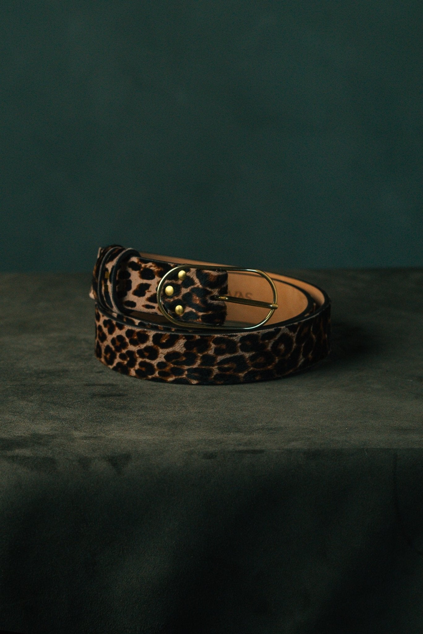 handmade suede belt in cheetah print by atelier savas in nashville tennessee