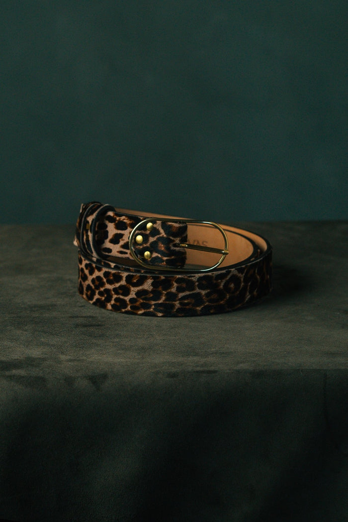 handmade suede belt in cheetah print by atelier savas in nashville tennessee
