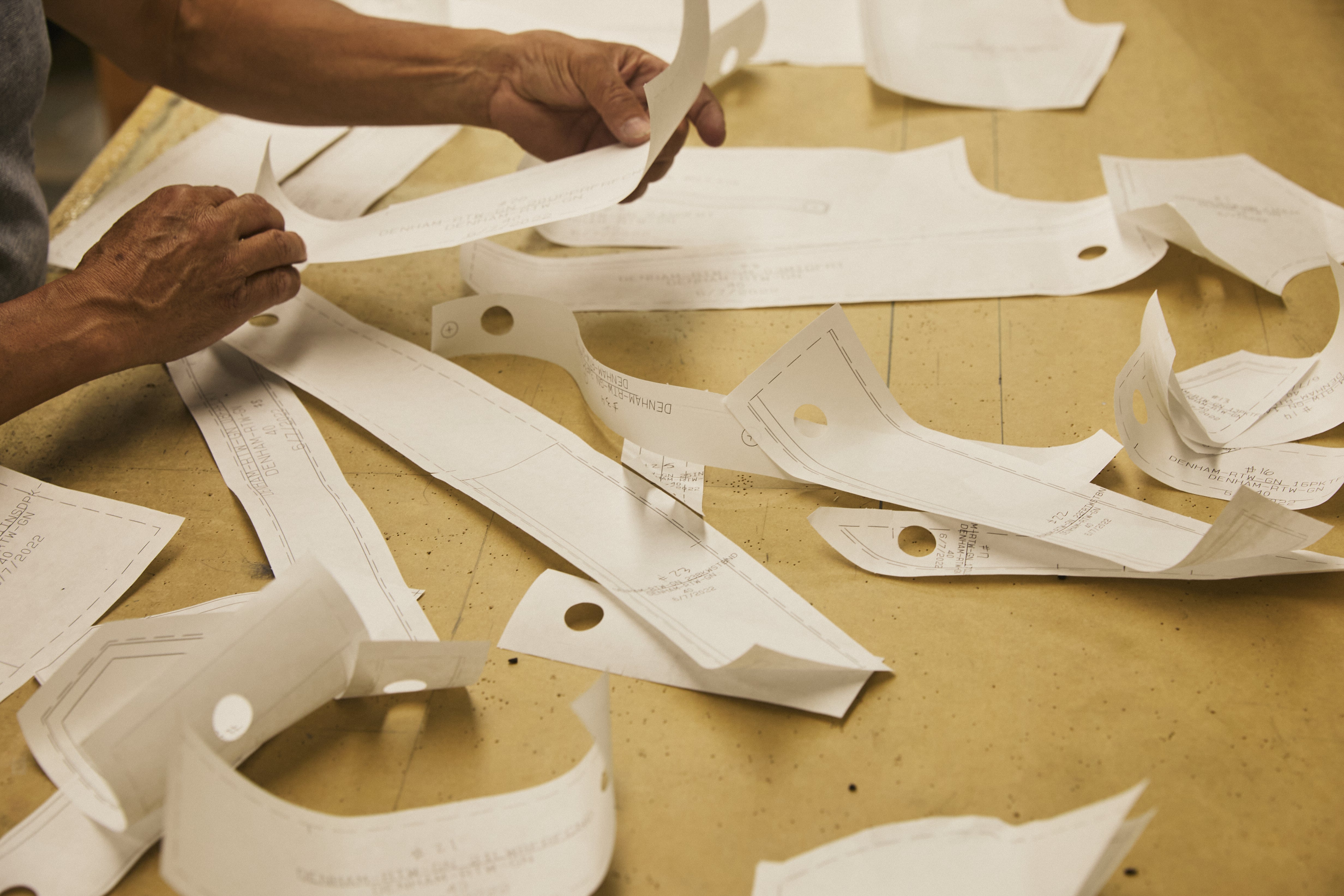 Image of hands sorting pieces of paper pattern for a jacket.