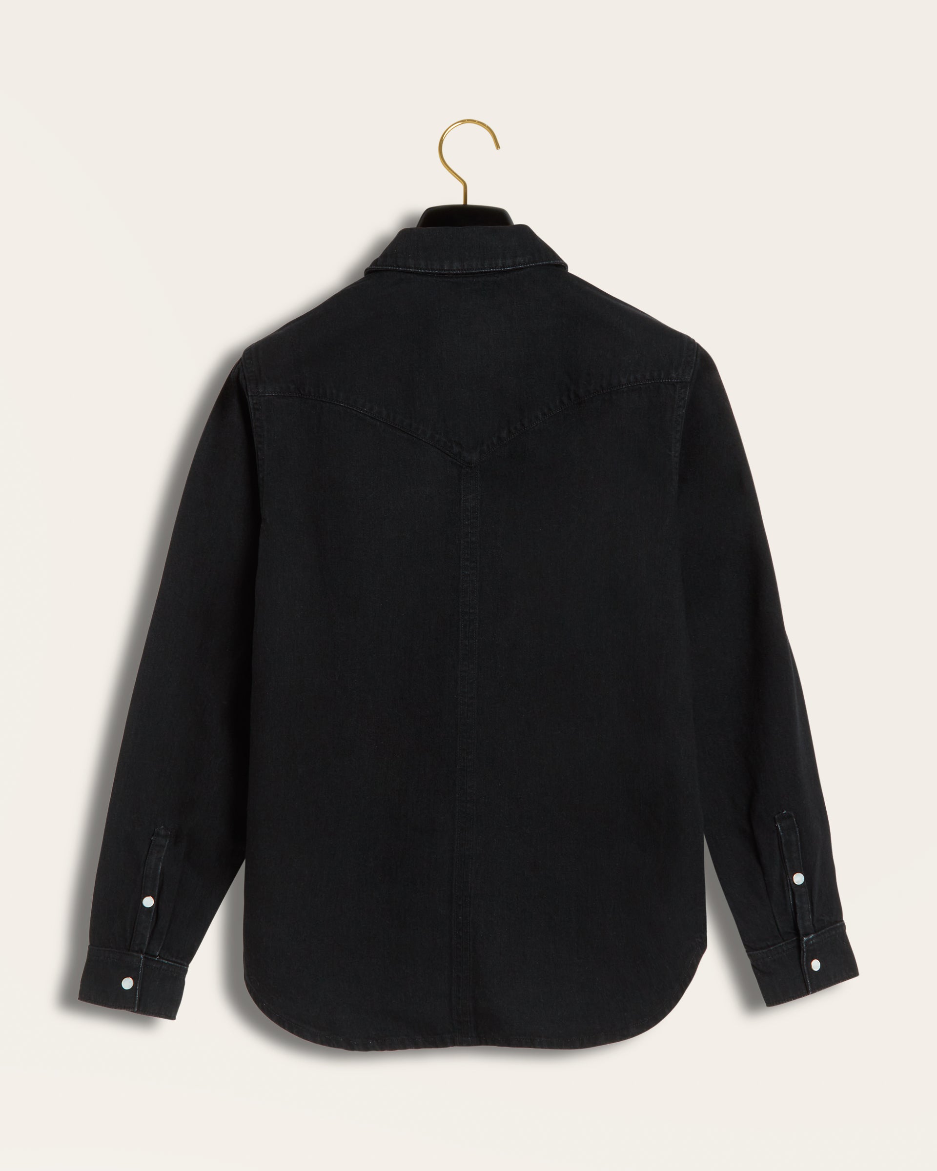 Back view of The Allen deslvedge denim western shirt in blacj by savas